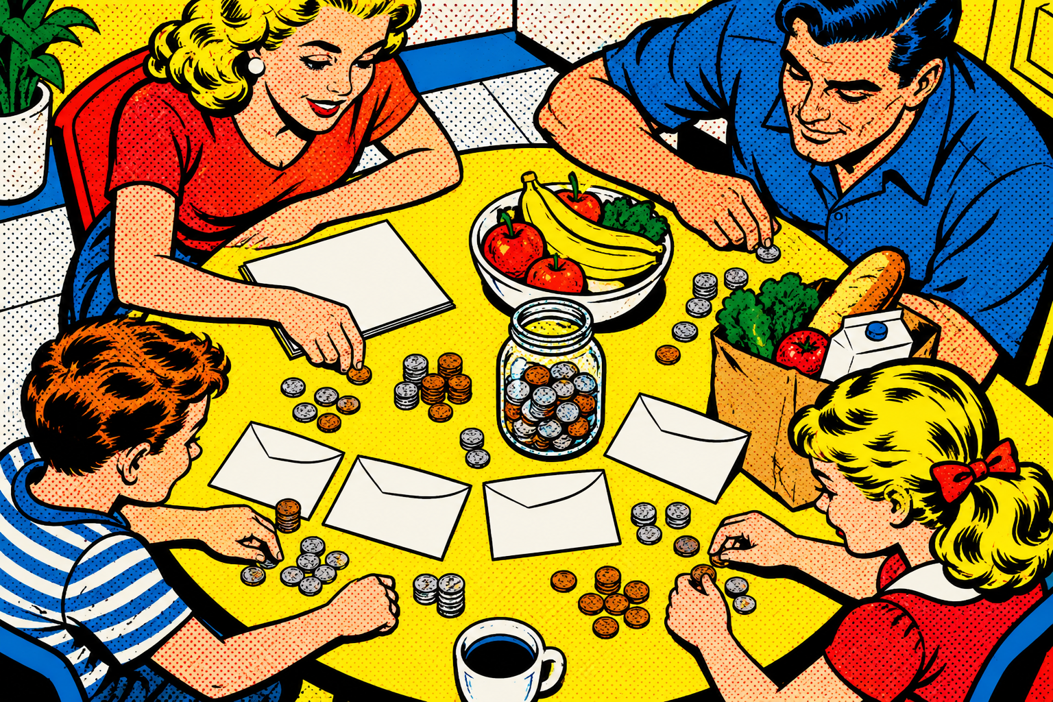 Roy Lichtenstein pop art illustration of a cheerful neighborhood scene with families outside