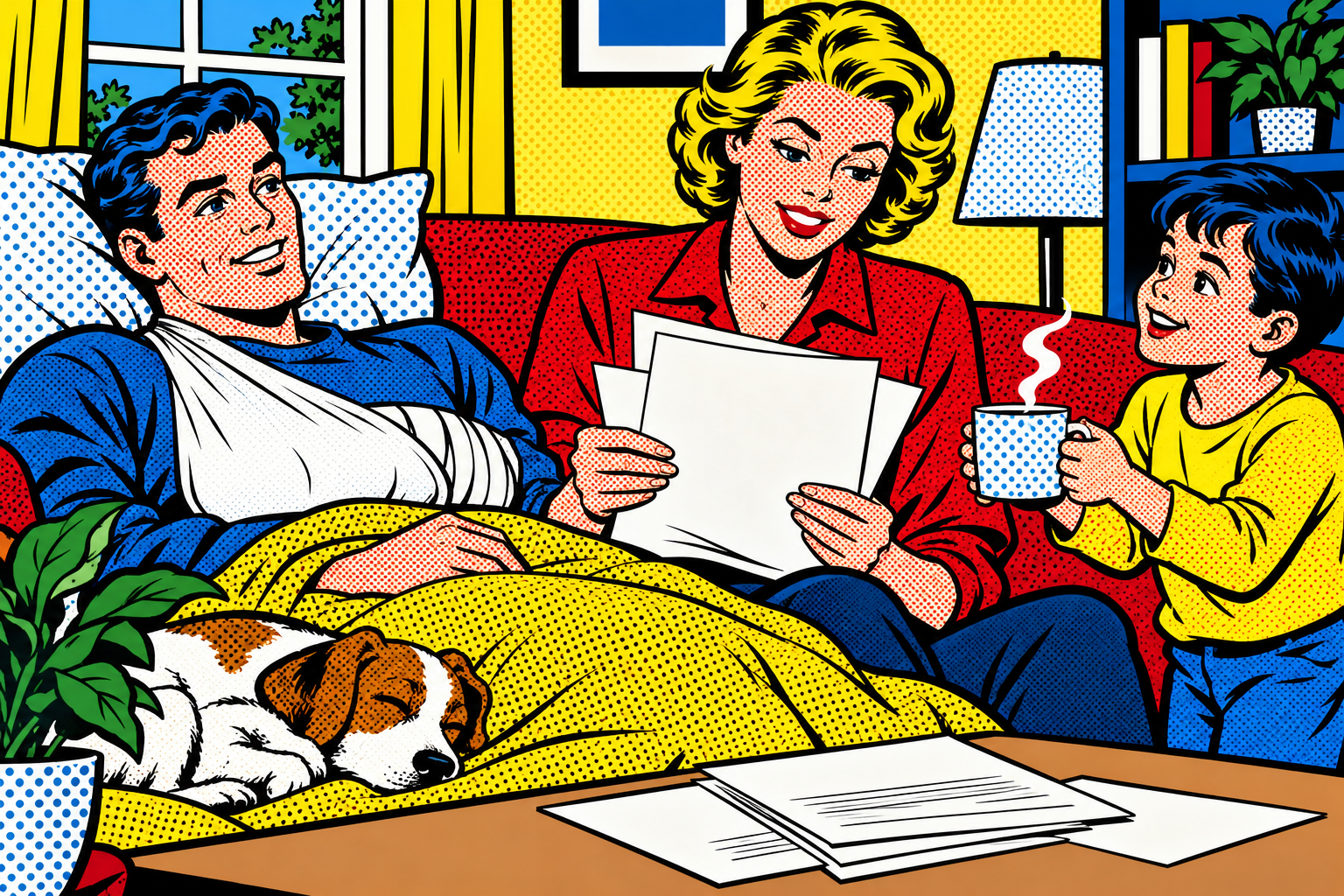 Roy Lichtenstein pop art illustration of a cheerful neighborhood scene with families outside