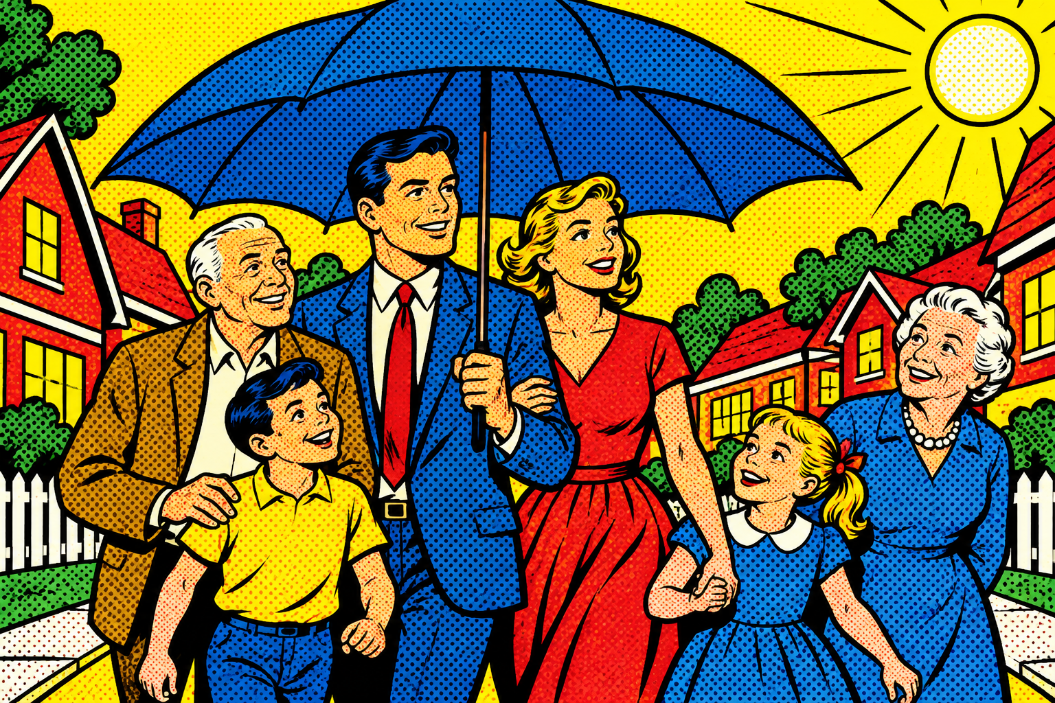 Roy Lichtenstein pop art illustration of a cheerful neighborhood scene with families outside